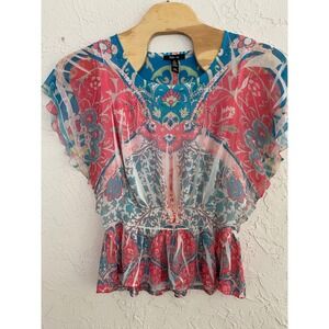 Style & Co. Peplum Blouse Womens XL Pink Blue Paisley Flutter Sleeve Rhinestone